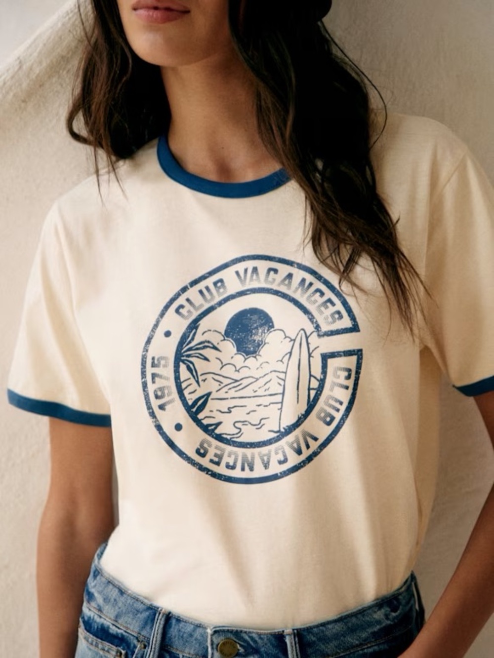 Sezane Club Vacances Cream & Blue Graphic Ringer Tee